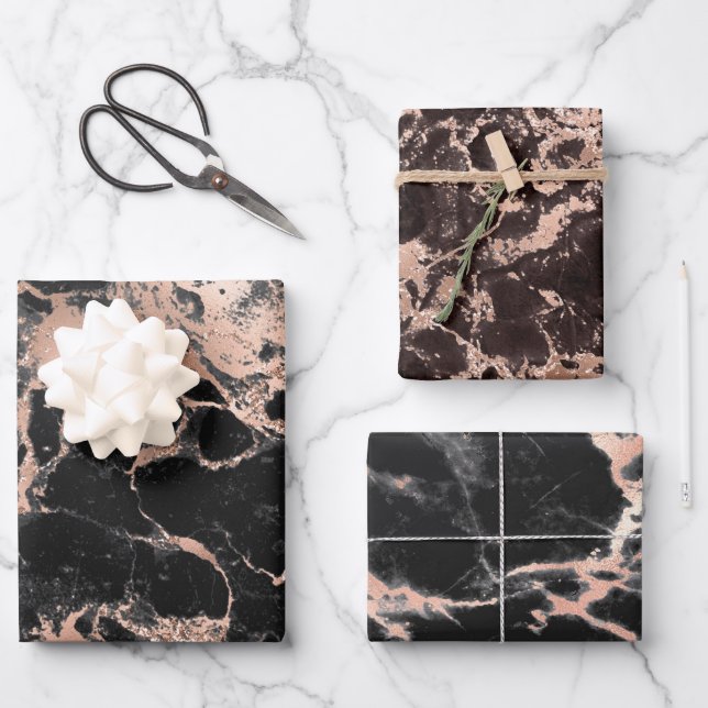 Modern Black and Rose Gold Marble Patterns Wrapping Paper Sheets (Front)