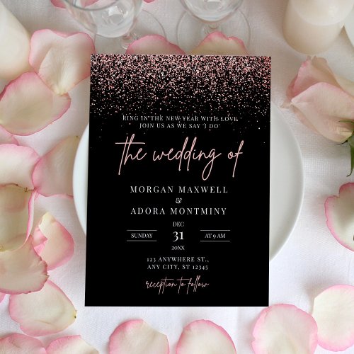 Modern Black and Rose Gold New Years Eve Wedding Invitation