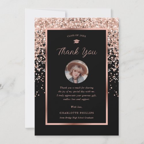 Modern Black and Rose Gold Photo Graduation Thank You Card