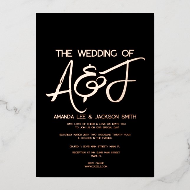 Modern Black and Rose Gold Wedding  Foil Invitation (Front)