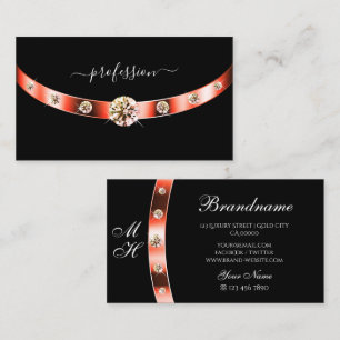 Modern Black and Rose Gold with Monogram Diamonds Business Card