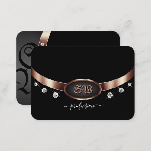 Modern Black and Rose Gold with Monogram Jewels Business Card