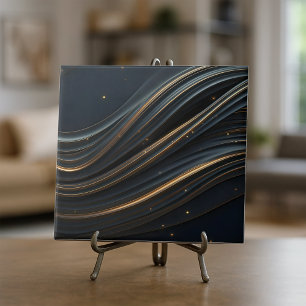 Modern Black and Shimmering Golden Abstract Flow Ceramic Tile