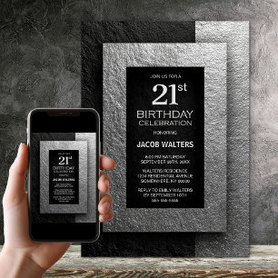 Modern Black and Silver 21st Birthday Party Invitation