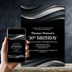 Modern Black and Silver 30th Birthday Party Invitation