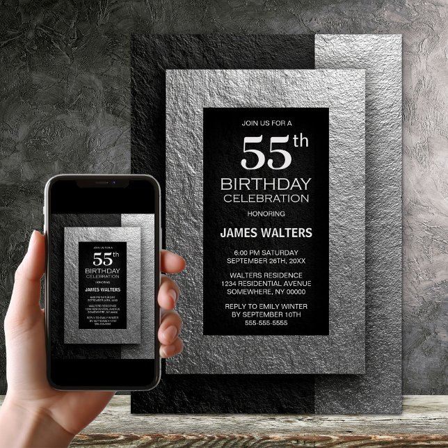 Modern Black and Silver 55th Birthday Party Invitation (Creator Uploaded)