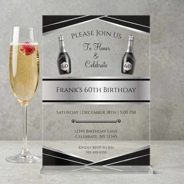 Modern Black and Silver 60th Birthday Him Acrylic Invitations (Sophisticated Masculine 60th Birthday Acrylic Invite with Silver Art Deco & Black Details.)