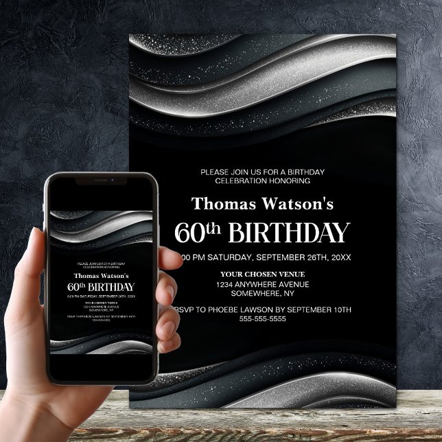 Modern Black and Silver 60th Birthday Party Invitation (Creator Uploaded)