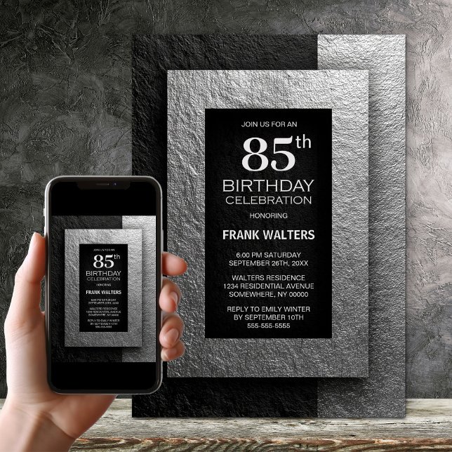 Modern Black and Silver 85th Birthday Party Invitation (Creator Uploaded)
