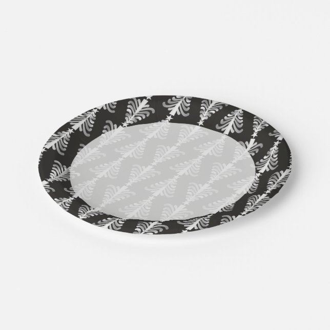 Modern Black And Silver Christmas Trees Pattern Paper Plates (Angled)