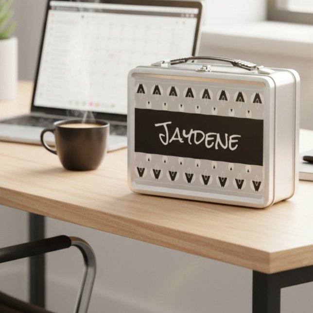 Modern Black And Silver Geometric Custom  Metal Lunch Box (A lunchbox that means business, with a side of style. Black and white simple but classy.)