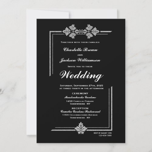 Modern Black and Silver Glitter Wedding Invitation