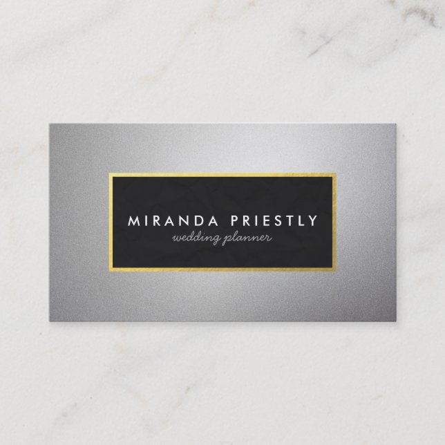 Modern Black and Silver Gold Frame Wedding Planner Business Card (Front)