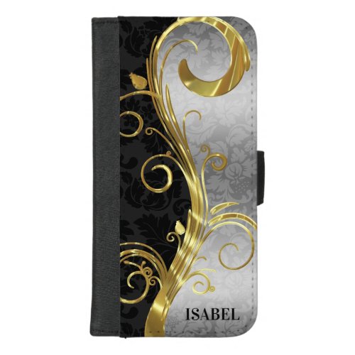 Modern Black And Silver Gray Damask Gold Swirl iPhone 87 Plus Wallet Case