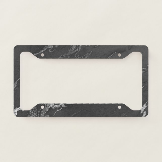 Modern Black and Silver Marble Pattern License Plate Frame (Front)