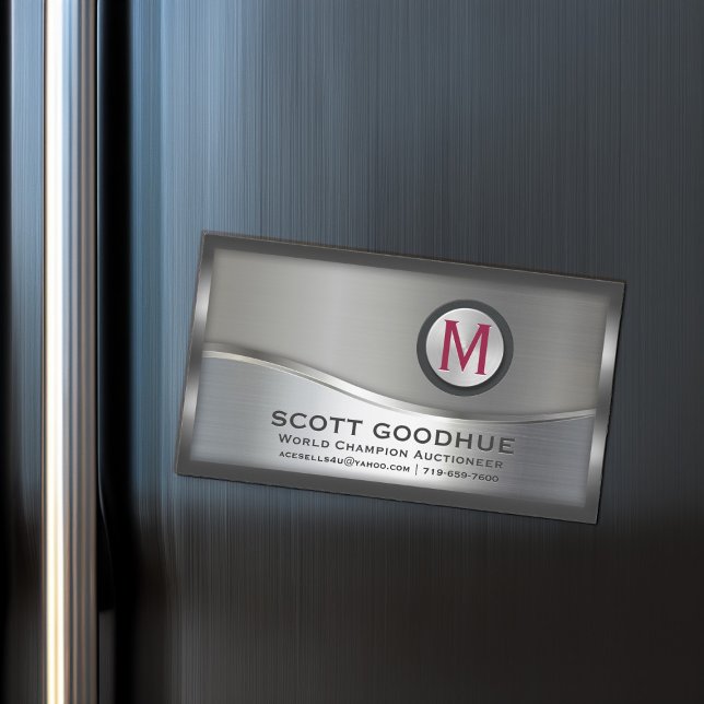 Modern Black and Silver Metal Framed Monogram LOGO Business Card Magnet (Creator Uploaded)