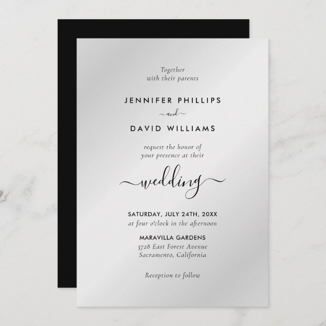 Modern Black and Silver Minimalist Script Wedding Invitation (Front/Back)