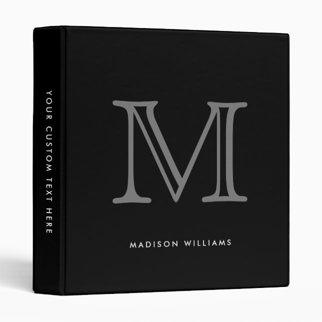 Modern Black and Silver Monogram Initial 3 Ring Binder (Front/Spine)