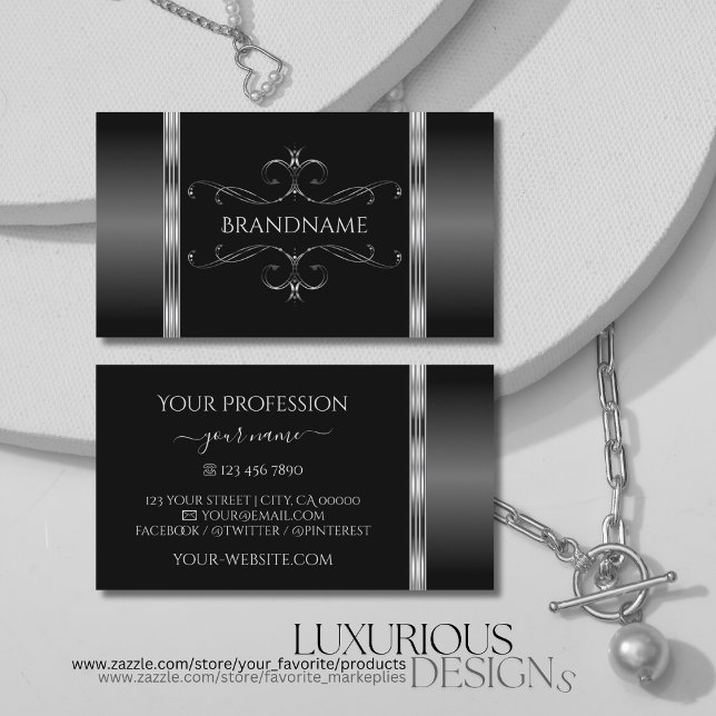 Modern Black and Silver Ornate Ornaments Elegant Business Card (Creator Uploaded)