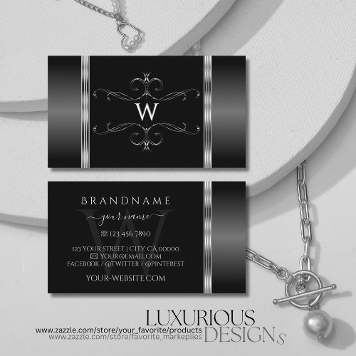 Modern Black and Silver Ornate Ornaments Monogram Business Card