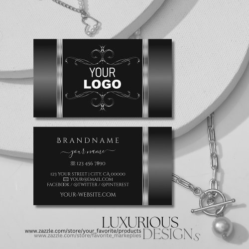 Modern Black and Silver Ornate Ornaments with Logo Business Card