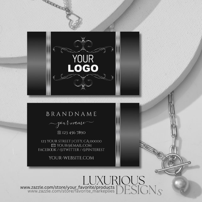 Modern Black and Silver Ornate Ornaments with Logo Business Card (Creator Uploaded)
