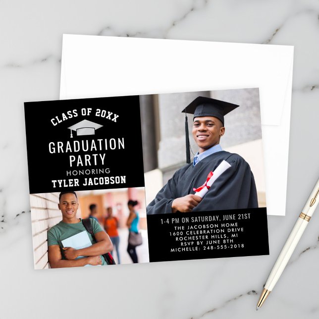 Modern Black and Silver Photo Graduation Party Invitation (Creator Uploaded)