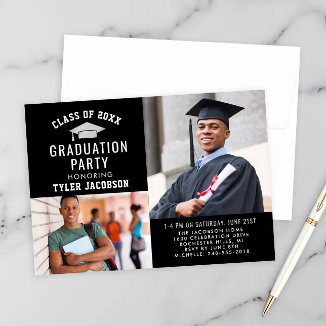 Modern Black and Silver Photo Graduation Party Invitation | Zazzle