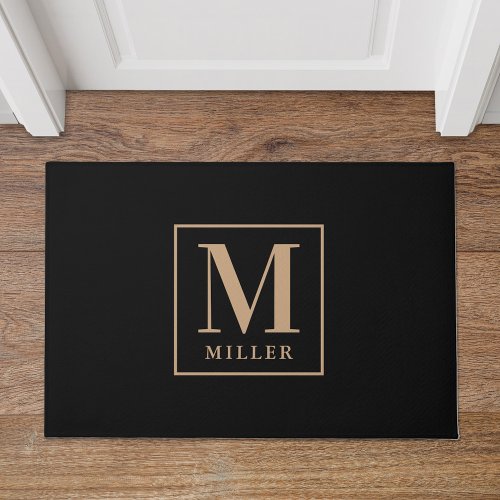 Modern Black and Tan Family Name Monogram Doormat