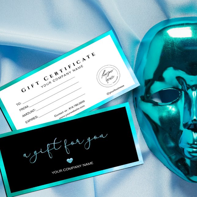 Modern Black And Turquoise Add Logo Gift Card (Bold and modern. Our black and turquoise metallic gift certificates make your brand stand out,)