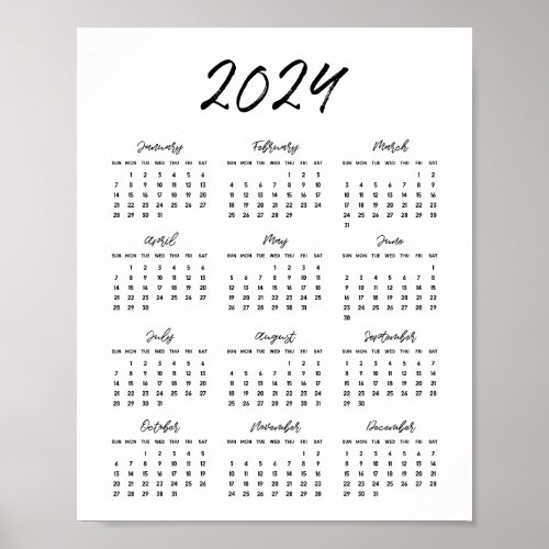 Modern black and white 2024 calendar poster