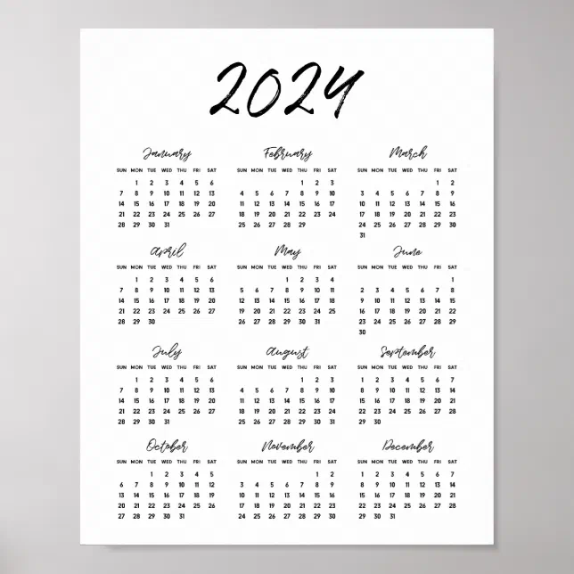 Modern black and white 2024 calendar poster | Zazzle