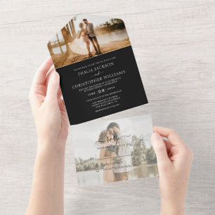 Modern Black and White 2 Photo RSVP Wedding All In One Invitation