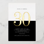 Modern Black and White 30th Birthday Gold Foil Foil Invitation<br><div class="desc">Invite guests to your event with this customizable thirtieth birthday invitation. It features a black and white color block with modern typography. Personalize this modern 30th birthday invitation by adding your event details. This gold foil thirtieth birthday invitation is available in other foil colors.</div>