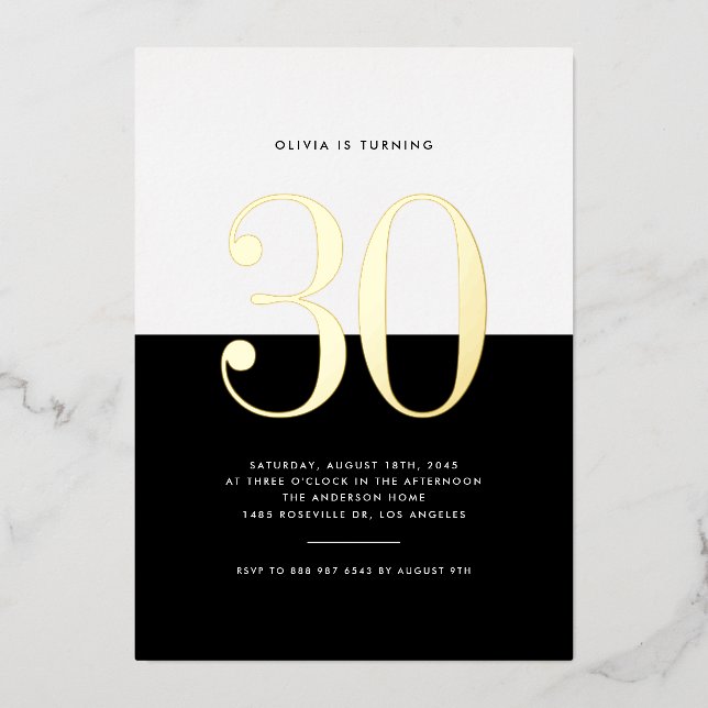 Modern Black and White 30th Birthday Gold Foil Foil Invitation (Front)