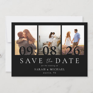 Modern Black and White 3 Photo Collage Wedding Save The Date