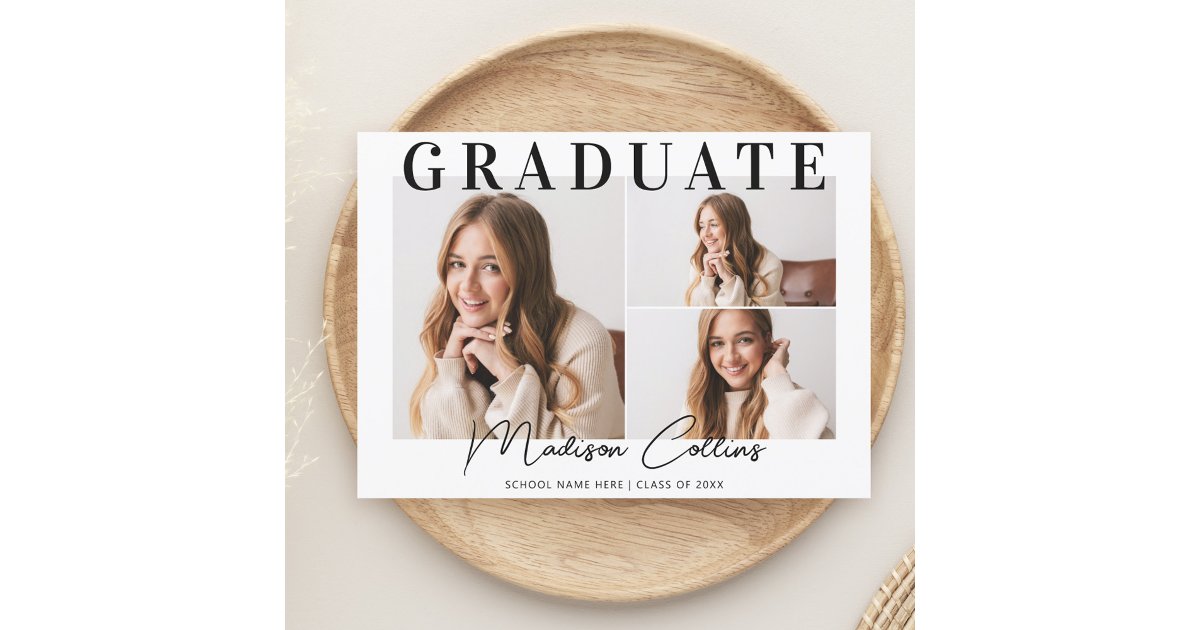 Modern Black and White 3 Photo Graduation Party Invitation | Zazzle