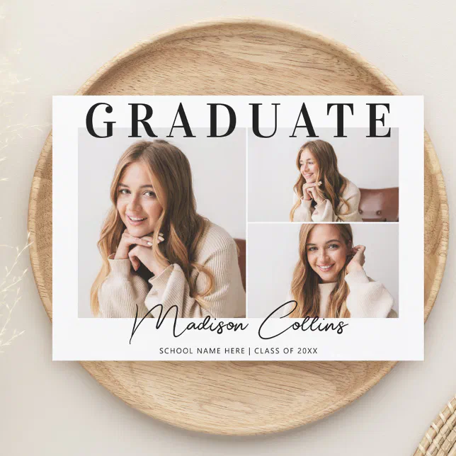 Modern Black and White 3 Photo Graduation Party Invitation | Zazzle