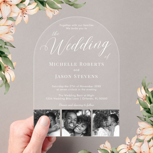 Modern Black and White 3 Photo Strip Wedding Acrylic Invitations (Creator Uploaded)