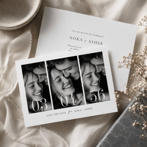 Modern Black and White 3 Photo Wedding Save The Date