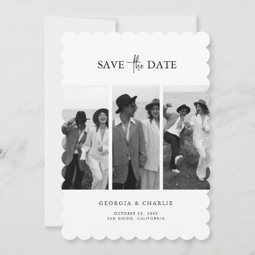 Modern Black and White 3 Photo Wedding Scalloped Save The Date
