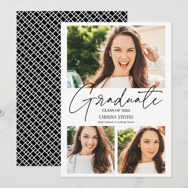 Modern black and white 3 photos collage graduation announcement (Front/Back)