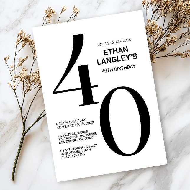 Modern Black and White 40th Birthday Party Invitation (Creator Uploaded)