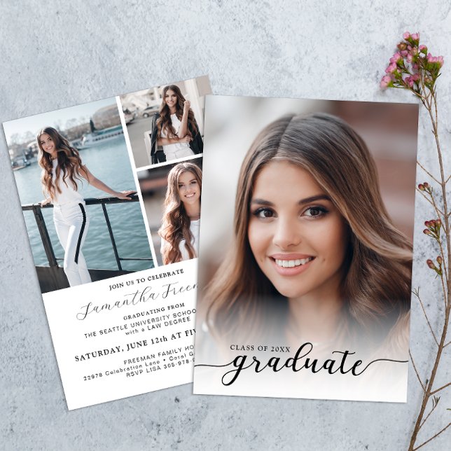 Modern Black and White 4-Photo Graduation Party  Invitation (Black font on a white background)
