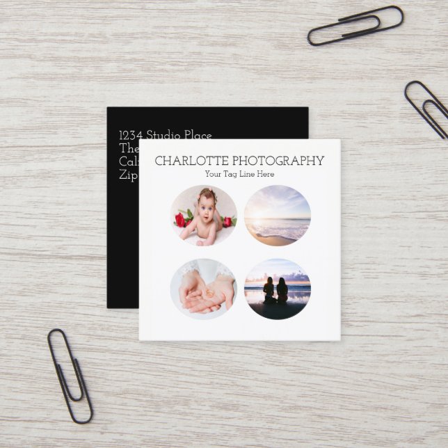 Modern black and white 4 photographs Square Business Card (Front/Back In Situ)