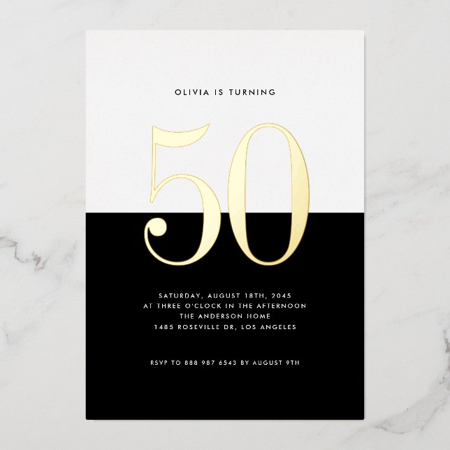 Modern Black and White 50th Birthday Gold Foil Foil Invitation (Front)