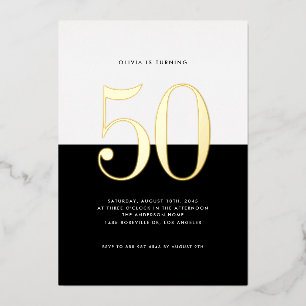 Modern Black and White 50th Birthday Gold Foil Invitation