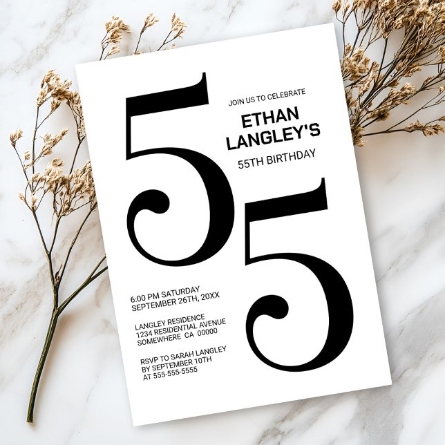 Modern Black and White 55th Birthday Party Invitation (Creator Uploaded)