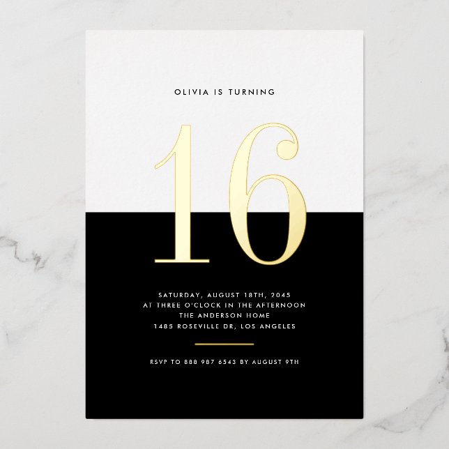 Modern Black and White 60th Birthday Gold Foil Invitation (Front)