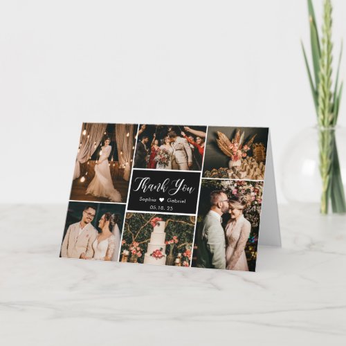 Modern Black and White 6 Photo Collage Wedding Thank You Card
